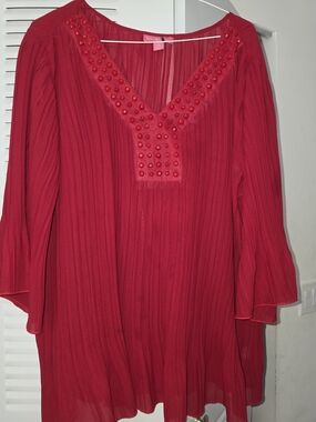 Woman Within Red Beaded V-Neck Pleated Tunic